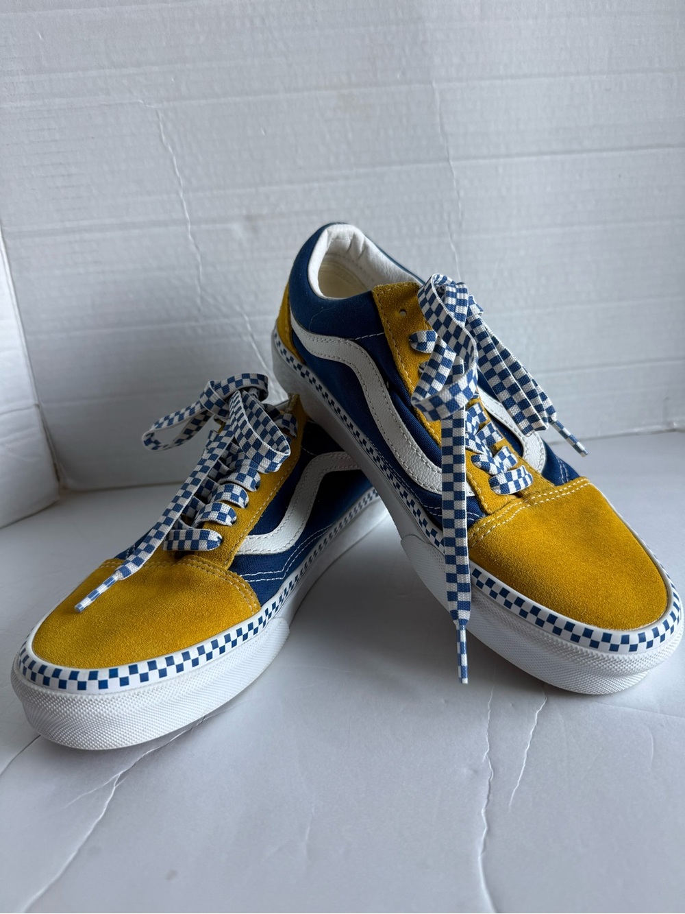 Unisex Adults Vans Old Skool Yellow/Blue/ Checkered Shoes Size 6.5M / 8W
